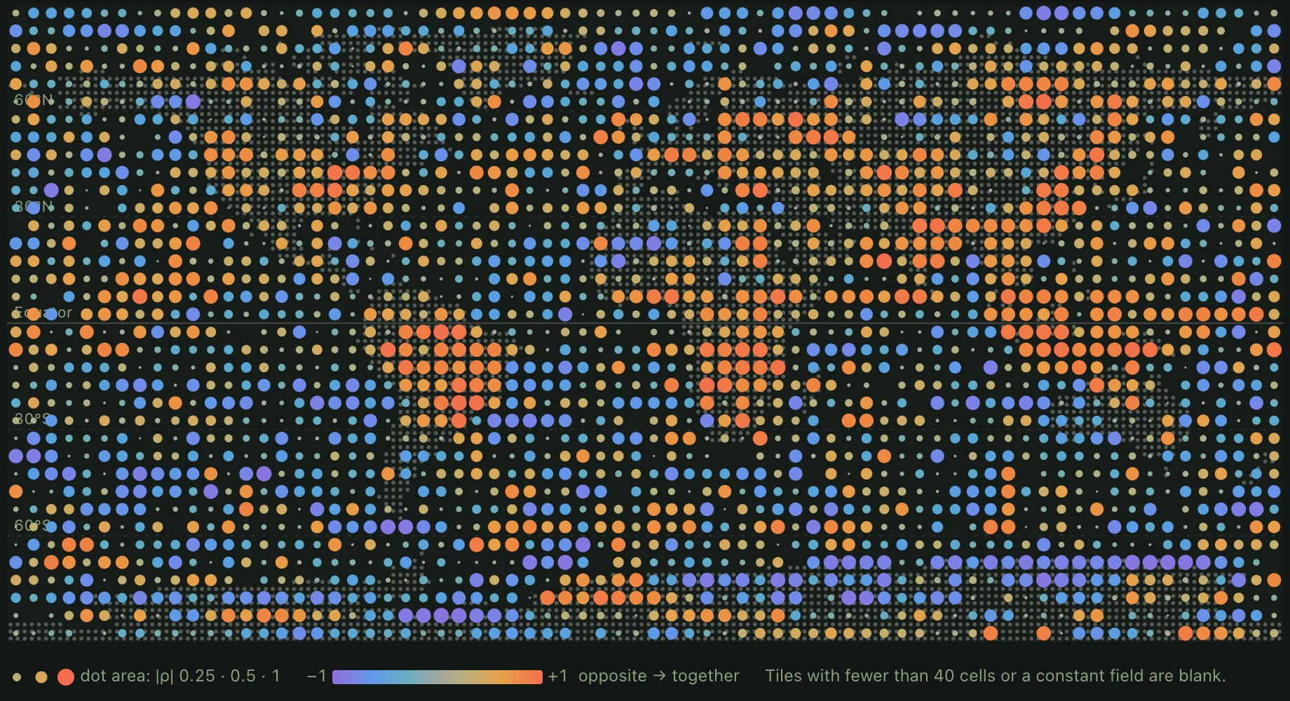 World map of 5° tiles from the data study. Orange dots, where fine particles and carbon monoxide rise together, cluster over South and East Asia, Central Africa and South America.