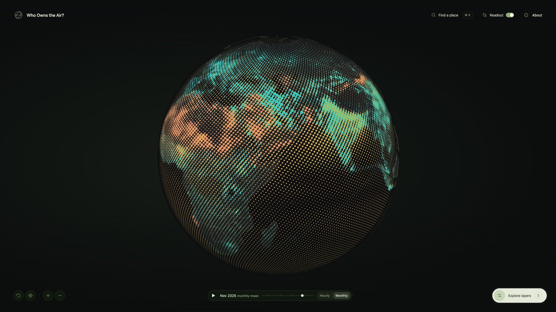 The globe in Monthly mode showing the November 2025 monthly mean: dust over North Africa and Arabia, fine particles and nitrogen dioxide over northern India and China, with the time bar at the bottom.