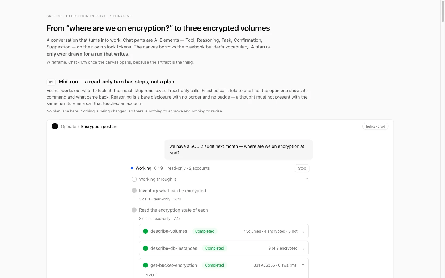 Execution in chat sketch: a storyline of a plan running inside the thread.
