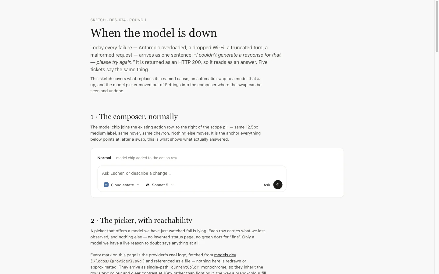 Model failover sketch: the composer when the model is down.